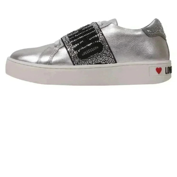 Love Moschino Women's Metallic Leather Crystal Band Sneakers Silver 41 preloved - Picture 2 of 6